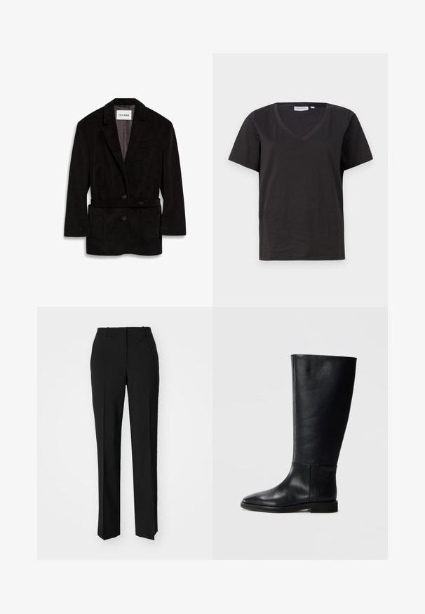 Melno korduroja žakets ar piegulīgu piegriezumu, diviem pogām, jostu viduklī un priekšējām kabatām. Odere kontrastējošā krāsā.; Melnas kokvilnas T-krekls ar V veida kakla izgriezumu un īsām piedurknēm. Vienkāršs dizains ar regulāru piegriezumu un bez rakstiem vai akcentiem.; Melnas pielāgotas bikses ar taisnu kāju dizainu, kas raksturojas ar gludu faktūru un asiem krokām pa priekšu. Nav redzamu metāla detaļu.; Melnas ādas līdzceļgala zābaki ar noapaļotu pirkstu, gludu tekstūru, minimālistisku dizainu un plakanu zoli. Vienkāršas šuvju detaļas uz zābaku augšdaļas.