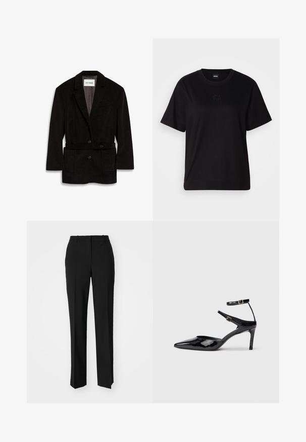 Juodas kailinis švarkas su pritaikytu siluetu, dviem mygtukais, diržo juosta ir priekinėmis kišenėmis. Pamušalas kontrastingos spalvos.; Juodas medvilninis marškinėliai su apvalia iškirpte, trumpomis rankovėmis ir siuvinėjimu ant krūtinės. Paprastas, laisvas siluetas be raštų.; Juodi pritaikyti kelnių modeliai su tiesiomis kojomis, pasižyminčios lygiomis tekstūromis ir ryškiomis klostėmis priekyje. Nėra matomų detalių.; Juodos lakinės odos aukštakulnės su smailiu koja, reguliuojamais kulkšnies dirželiais ir lieknu kulnu. Lygus paviršius su blizgiu apdaila.