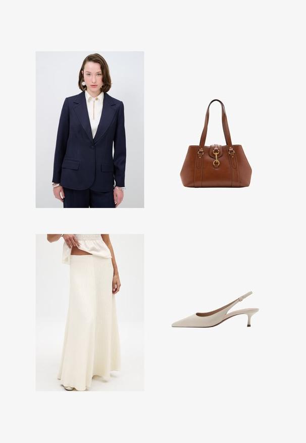 Marineblauwe blazer op maat met notched revers, twee voorkruiszakken en subtiele blauwe stikdetails. Gecombineerd met een crèmekleurige blouse met een sleutelgat.; Trui in mosterdgeel, gemaakt van zachte stof. Voorzien van een geribbelde ronde halslijn en lange mouwen met een reguliere pasvorm en een rechte zoom.; Crème, lange maxi rok met een getextureerde afwerking. Beschikt over een getailleerde taille en een vloeiende silhouet, gecombineerd met een losse, levendige top.; Beige slingback hakken met een puntige neus en een lage, uitlopende hak. Gemaakt van glad leer met een minimalistisch ontwerp en een verstelbare band.; Bruine leren handtas met dubbele banden, een afgeronde vorm, gouden hardware en een centrale sluiting. Gladde textuur met gestikte accenten.