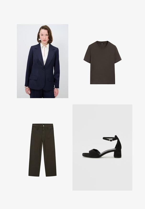 Granatowa marynarka o dopasowanym kroju z wyciętymi klapami, dwiema przednimi kieszeniami i subtelnym niebieskim przeszyciem. Połączona z kremową bluzką z dekoltem w kształcie łezki.; Czarnobrązowa, krótki rękaw, bawełniana koszulka. Posiada okrągły dekolt i luźny krój, bez widocznych wzorów lub akcentów.; Ciemnozielone spodnie dżinsowe typu wide-leg wykonane z mieszanki bawełny, z zamkiem na guzik z przodu, pięcioma kieszeniami i klasycznym przeszyciem dżinsowym.; Czarne zamszowe sandały na obcasie z cienkim paskiem wokół kostki, otwartym noskiem i skromnym słupkowym obcasem. Gładka faktura i minimalne akcenty.