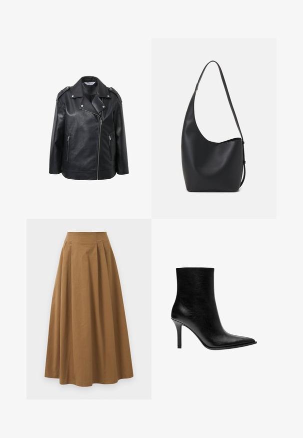 Černá kožená motorkářská bunda s vroubkovaným límcem, stříbrnými kovovými doplňky, předními zipy a ramenními epauletami.; Olivově zelený cropped svetr s dlouhými rukávy, vyrobený z měkkého materiálu. Má ribbovanou jemnou výstřih a lem. S texturovaným povrchem po celé délce.; Hnědá bavlněná sukně ve stylu A s vysokým pasem, se sklady na přední straně a hladkou texturou. Lemování je čisté a jednoduché.; Černá kožená kotníková bota s špičatou špičkou, úzkým podpatkem, hladkouTextura a minimalistický design. Žádné viditelné kovové prvky ani akcenty.; Černá kožená hobo taška s hladkým povrchem, zakřiveným tvarem a jedním nastavitelným popruhem; má široké otevírání nahoře.
