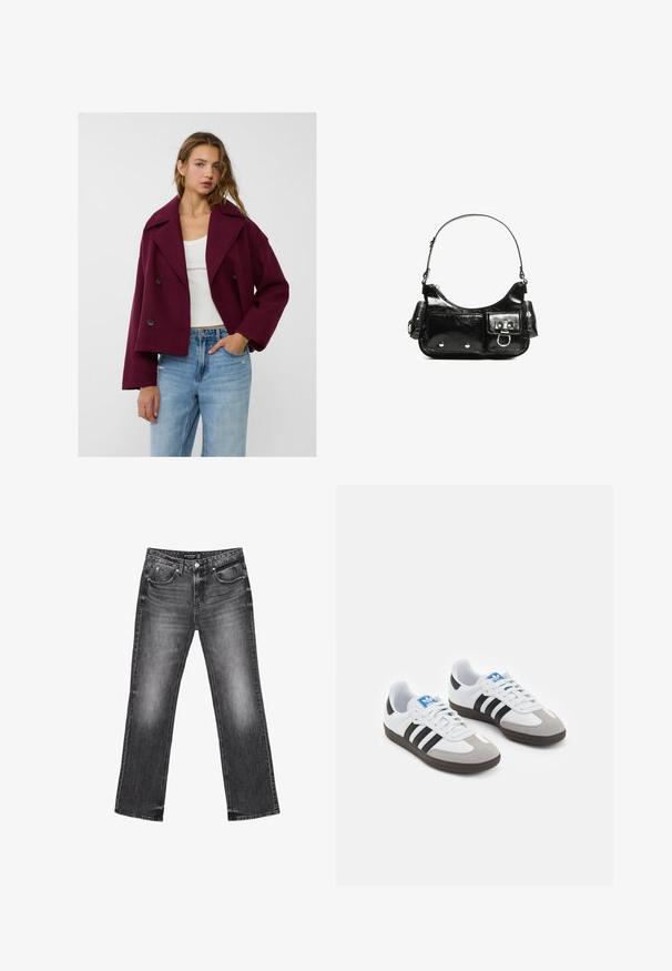 Bordo, dvojvrstvena jakna z izrezanim ovratnikom, ohlapnega kroja in velikimi gumbi. Nosena čez belo majico in v kombinaciji z modrimi kavbojkami.; Bela kratka majica s kratkimi rokavi iz bombaža. Ima krožni ovratnik in majhen črn Adidasov logotip na prsih. Ravna podoba.; Črne kavbojke iz jeansa s ravno nogavico, zbledelim videzom in petimi žepi. Imajo zanke za pas in zadrgo.; Športni čevlji z belim usnjenim zgornjim delom, sivim semišem na prstih in tremi črnimi črtami. Imajo modro logo na jeziku in teksturiran gumijast podplat.; Črna lakasta usnjena torbica s ukrivljeno obliko, enim ramenskim trakom, sprednjimi žepi in srebrnimi kovinskimi dodatki.