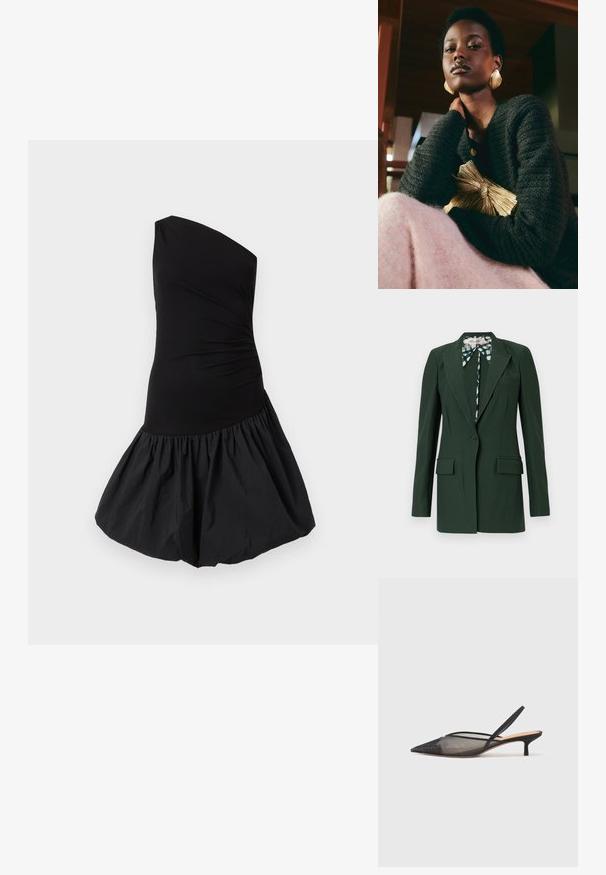 Donkergroene op maat gemaakte blazer met een enkele knoopsluiting, ingezette revers, twee voorzakken en een patroon van een dasspeld aan de binnenkant.; Zwart een-schouderjurk met een getailleerde bovenkant en een volumineuze, geplooide rok. Gemaakt van soepel, lichtgewicht stof met een matte afwerking.; NEOUS IRENA - Klassieke pumps - black; Loeffler Randall PLEATED FRAME WITH BOW - Clutch - gold-coloured