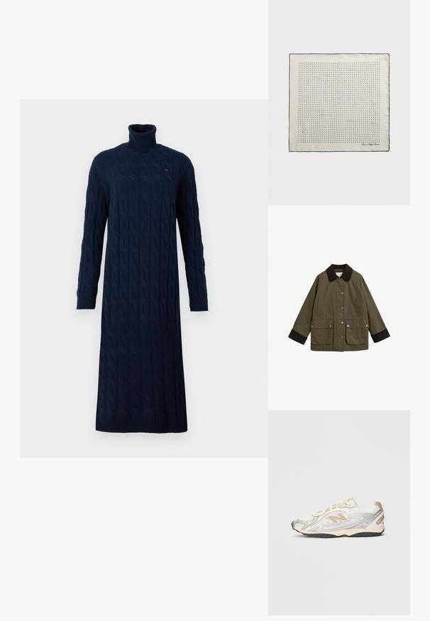 Olive green jacket with a brown corduroy collar, large front pockets, and gold snap buttons. Features a relaxed fit and long sleeves.; Navy blue, long-sleeve cable knit turtleneck dress with ribbed cuffs and hem, featuring a small logo on the chest.; Sport sneaker in light gray with silver accents, mesh upper, beige details, and black rubber outsole. Features laces and a padded collar.; Silk scarf in cream with a navy border, featuring evenly spaced navy dots forming a pattern. Signature printed in the corner.