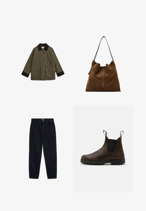 Olivgrüne Jacke mit einem braunen Cordkragen, großen Fronttaschen und goldenen Druckknöpfen. Hat eine lässige Passform und lange Ärmel.; Grau, strukturierter Rollkragenpullover mit langen Ärmeln, der eine lockere Passform und gerippte Bündchen aufweist. Der Stoff wirkt weich und warm.; Schwarze Denim-Jeans mit geradem Bein, fünf Taschen-Design und Knopfverschluss. Der Stoff hat eine glatte Textur und minimale sichtbare Nähte.; Braune Leder-Ankle Boots mit elastischen Seitenpaneelen, Zuglaschen und strukturierter Gummisohle. Sie verfügen über ein schlankes, rundes Zehendesign.; Braune Wildleder-Eimerhandtasche mit einem schwarzen Ledertrageriemen, die eine weiche Silhouette und Nahtdetails am Boden aufweist.