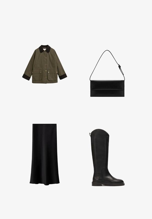 Giacca verde oliva con colletto in corduroy marrone, grandi tasche frontali e bottoni a pressione dorati. Presenta una vestibilità comoda e maniche lunghe.; Pullover in maglia cable-beige chiaro con colletto rotondo bianco, pattina con tre bottoni, e polsini e orlo a coste. Texture morbida, vestibilità rilassata.; T-shirt bianco a maniche corte realizzato in tessuto di cotone morbido, con colletto a girocollo e una vestibilità rilassata con orli cuciti.; Gonna midi nera realizzata in tessuto liscio e leggero. Presenta una linea dritta, senza componenti visibili e un design semplice senza fantasie.; Stivale in pelle nera al ginocchio con finitura liscia, punta arrotondata, suola robusta e design minimalista. Presenta una linguetta sul retro per un facile indossamento.; Mango Borsa a mano - black