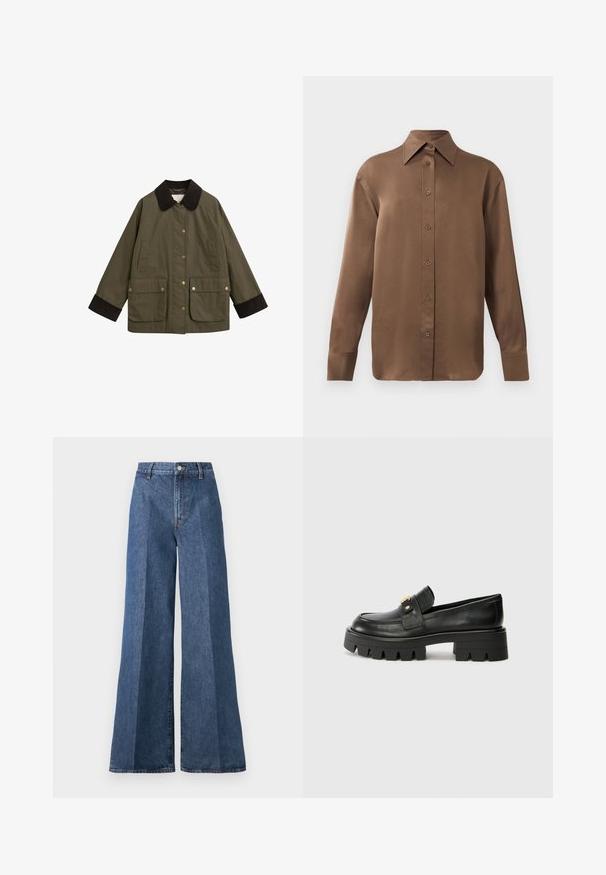 Olivgrön jacka med en brun manchesterkrage, stora framfickor och gyllene tryckknappar. Har en avslappnad passform och långa ärmar.; Brun långärmad skjorta med knäppning, spettdetalj på kragen och manschetterna, uppvisad mot en vit bakgrund.; Vida blårandiga denimjeans med hög midja, med klassisk femficksdesign och knappstängning, tillverkade av texturerad bomull.; Svarta läderloafers med en kraftig sula, som har en guldtonad detalj på framsidan och en slät yta. Kraftig mönstring på sulan.