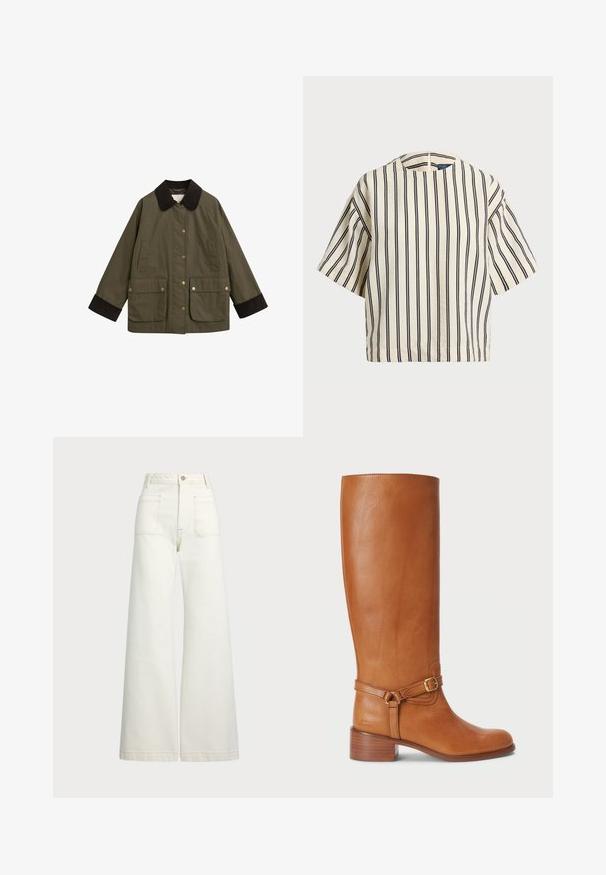 Olivgrüne Jacke mit einem braunen Cordkragen, großen Fronttaschen und goldenen Druckknöpfen. Hat eine lässige Passform und lange Ärmel.; Kurzärmliges, gestreiftes Oberteil in Creme und Marineblau, mit rundem Halsausschnitt und kastiger Form aus strukturiertem Stoff.; Weite Jeans aus off-white Denim. Hoch tailliertes Design mit Knopfverschluss, zwei Fronttaschen und kontrastierenden Stickdetails.; Hohe braune Lederstiefel mit glatter Oberfläche, ausgestattet mit einem seitlichen Schnallenriemen und einem gestapelten Absatz. Das Obermaterial hat ein schlichtes, unverziertes Design.