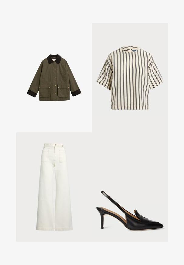 Oliwkowa kurtka z brązowym kołnierzem z kordurowej tkaniny, dużymi przednimi kieszeniami i złotymi zatrzaskami. Posiada luźny krój i długie rękawy.; Krótki rękaw, paskowana bluzka w kolorze kremowym i granatowym, z okrągłym dekoltem i pudełkowym krojem, wykonana z fakturowanej tkaniny.; Spodnie dżinsowe o szerokich nogawkach w odcieniu off-white. Wysoki stan z zapięciem na guzik, dwiema kieszeniami z przodu i detalami z kontrastowym przeszyciem.; Czarne skórzane czółenka na obcasie typu slingback z wąskim noskiem, niskim obcasem i ozdobnym paskiem na podbiciu. Gładka tekstura i minimalistyczny design.