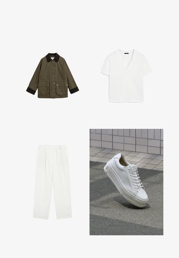 Olivgrüne Jacke mit einem braunen Cordkragen, großen Fronttaschen und goldenen Druckknöpfen. Hat eine lässige Passform und lange Ärmel.; Weißes kurzärmeliges V-Ausschnitt-T-Shirt aus Baumwolle, das ein minimalistisches Design und eine glatte Textur aufweist, mit geradem Saum und ohne Verzierungen.; Weiße weite Hosen mit vertikalen Nadelstreifen, mit flachem Vorderteil, zwei Seitentaschen und entspannter Passform. Weicher Stoff, minimale Details.; Weiße Leder-Sneaker mit einem Low-Top-Design, flachen Schnürsenkeln, runder Zehenform und strukturierten Seiten. Dicke Gummisohle mit dezenten Akzenten.