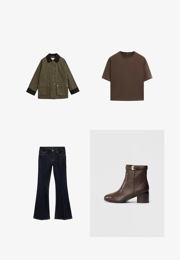 Olivově zelená bunda s hnědým kordovým límcem, velkými předními kapsami a zlatými patentkami. Má uvolněný střih a dlouhé rukávy.; Hnědé bavlněné tričko, krátké rukávy, kulatý výstřih, volný střih, hladká textura, minimalistický design, žádné viditelné vzory ani akcenty.; Tmavě modré denimové džíny s vysokým pasem, předními kapsami a rozšířenými nohavicemi, vystavené na bílém pozadí.; Hnědá kožená kotníková bota s kulatou špičkou, nízkým blokovým podpatkem a dekorativním páskem se sponou kolem kotníku. Hladká textura a elegantní design.