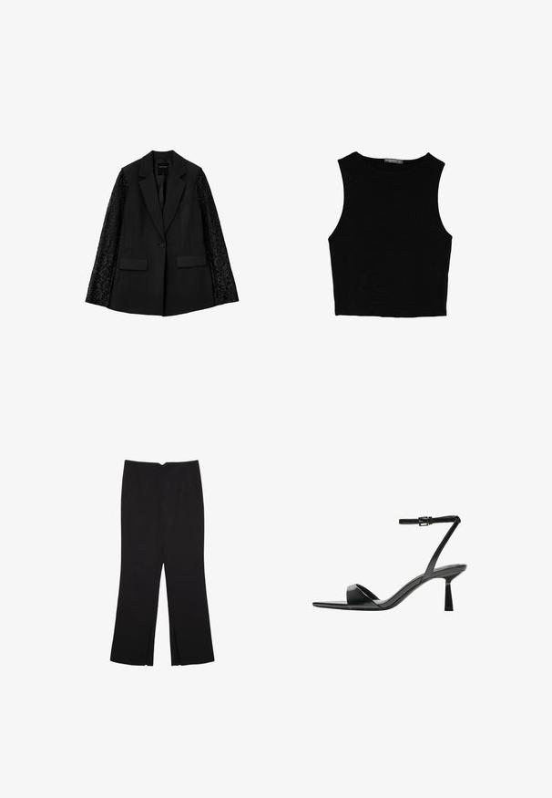 Blazer nero con corpo in tessuto solido e maniche in pizzo. Dettagli notevoli includono due tasche frontali e una chiusura a un pulsante.; Top corto senza maniche nero realizzato in tessuto liscio, con scollatura rotonda e un design pulito e semplice, privo di pattern o accessori.; Pantaloni neri a gamba dritta, con tasche frontali e spacchi laterali all'orlo. Realizzati in tessuto morbido e liscio. Adatti a diverse occasioni.; Bershka Sandali con tacco - black
