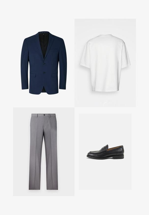 Tumši zilas krāsas bleizeris izgatavots no gludas auduma, ar rievotu atloku, divu pogu priekšpusi un divām sānu kabatām. Vienkāršs, pielāgots dizains.; Balta īsām piedurknēm T-krekls, brīvs piegriezums, apaļš kakla izgriezums, gluda kokvilnas auduma, vienkārša aizmugure, taisna apakšmala, bez rakstiem vai accentiem.; Pelēki pielāgoti bikses ar plakanu priekšpusi, diviem sānu kabatām un vienu pogu aizdari. Gluda tekstūra ar smalku svītrotu rakstu.; Melnas ādas loafers ar gludu apdari, noapaļotu purngalu un dekoratīvām šuvēm uz virsu. Zems, sakrauta papēža un neliels spīdums.