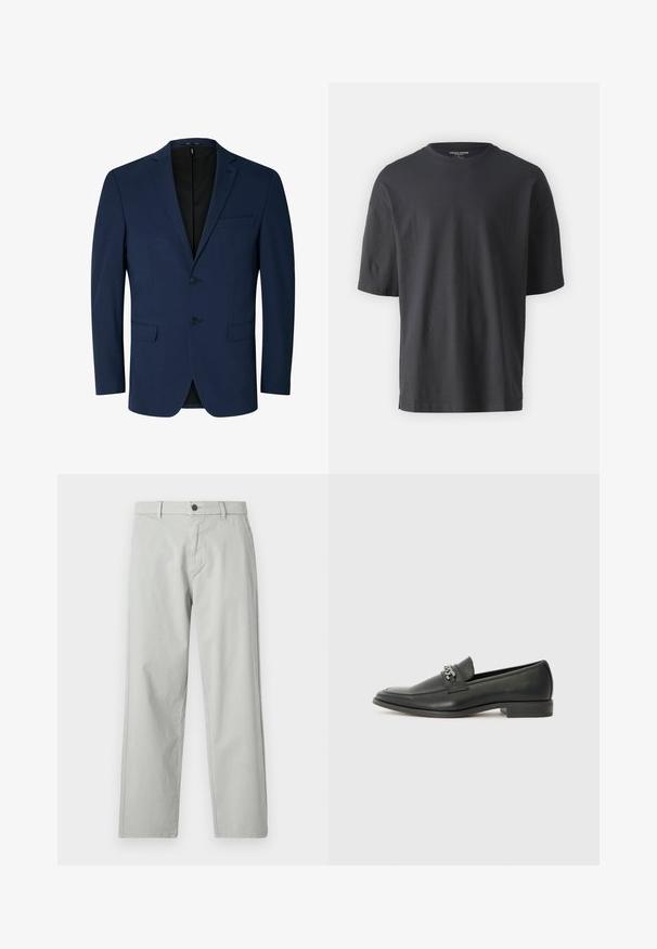 Tumši zilas krāsas bleizeris izgatavots no gludas auduma, ar rievotu atloku, divu pogu priekšpusi un divām sānu kabatām. Vienkāršs, pielāgots dizains.; Melnas īsām piedurknēm t-krekls, kas izgatavots no kokvilnas, ar apaļu kakla izgriezumu un brīvu piegriezumu. Nav redzami nekādi raksti vai akcenti.; Gaiši pelēkas, taisnas bikses, izgatavotas no gludas, audētas auduma. Izkārtojums ar priekšējo pogu aizdari un sānu kabatām. Minimālisma stils.; Melna ādas loafer izmēra apavi ar gludu virsmu, piedāvā ar šūtu dizainu un dekoratīvu metāla ķēdes akcentu pār vampu. Plakana papēža daļa.