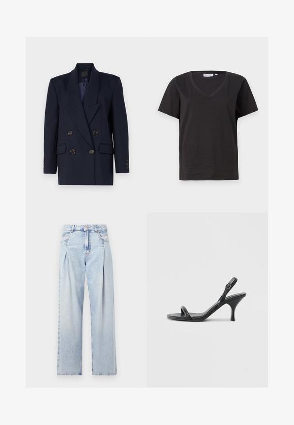 Jūrinis dvigubas švarkas su smailiais atvartais, dryžuota struktūra, dvi priekinės kišenės ir šeši juodi sagos. Tamsus pamušalas.; Juodas medvilninis marškinėlis su V formos iškirpte ir trumpomis rankovėmis. Paprastas dizainas, reguliaraus kirpimo, be raštų ar akcentų.; Šviesiai mėlyni džinsai su aukštu liemeniu, plačiomis kojomis, dviem šoninėmis kišenėmis ir raukinių dizainu. Minkšta tekstūra su nudilusia apdaila.; Juodos odinės aukštakulnės šlepetės su plonu, kreiviu kulnu ir kryžminiu dirželio dizainu. Reguliuojamas kulkšnies dirželis. Lygus paviršius.