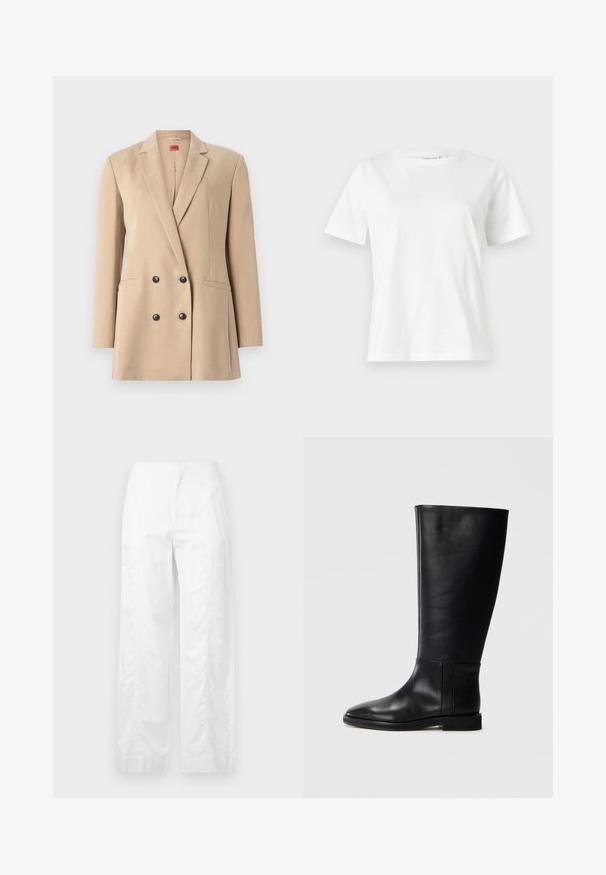 Beige, dupla gombos zakó, kihajtott gallérral, két elülső zsebbel és fekete gombokkal. Simogatós anyag, strukturált forma és testreszabott fazon.; Fehér pamut póló rövid ujjakkal, kerek nyakkivágással és laza szabással. Sima textúra, nincsenek minták vagy díszítések, minimalista dizájn.; Fehér, széles szárú nadrág könnyű anyagból, sima textúrával, letisztult vonalakkal és magasderék kialakítással.; Fekete bőrből készült, térd fölé érő csizma, lekerekített orral, sima felülettel, minimalista dizájnnal és lapos talppal. Egyszerű varrási részletek a szárán.