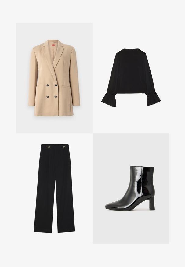 Beige dubbelknäppt blazer med spetsiga slag, två framsidoblixtfickor och svarta knappar. Snyggt tyg med en strukturerad form och skräddarsydd passform.; Svart långärmad topp med utställda ärmslut, mjuk textur och avslappnad passform, med en enkel rund halsringning.; Svarta vida byxor med hög midja, knäppdetaljer i midjan och framfickor.; Svart lackläder ankelboot med spetsig tå och en medelhög klack. Slät textur och minimalistisk design.