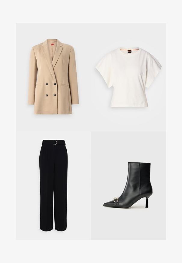 Beige kaksirivinen bleiseri, jossa on viistetyt kaulukset, kaksi etutaskua ja mustat napit. Liu'utettu kangas, jolla on jämäkkä muoto ja mittatilausmainen istuvuus.; Valkoinen lyhythihainen t-paita, leveät lyhyet hihat, pehmeää puuvillamateriaalia, pyöreä pääntie jossa hienovarainen oranssi reunus, minimaalinen muotoilu, ei kuvioita tai graafisia elementtejä.; Mustat räätälöidyt housut, joissa on leveä lahkeensilhuetti, vyö hopeasoljella, laskokset ja sileä kankaan tekstuuri.; Musta nahkasaapas nilkkapituisilla, terävillä kärjillä, hoikalla keskipituisella korolla ja hopeavöillä sivussa yksinkertaista taustaa vasten.