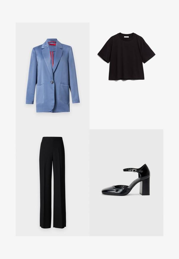 Blazer aus blauem Satin mit einer Zwei-Knopf-Verschluss, eingelegtem Revers und zwei Fronttaschen. Das Innenfutter hat eine kontrastierende rote Färbung.; Schwarzes Baumwoll-Crop-T-Shirt mit rundem Halsausschnitt und kurzen Ärmeln. Es hat eine lockere Passform und ein schlichtes, unauffälliges Design.; Schwarze weite Hosen mit einer glatten Textur, ausgestattet mit einem hohen Bund und mittleren Falten. Keine sichtbaren Muster oder Hardware-Details.; Schwarze patentierte Leder-High Heels mit quadratischer Zehenform, Knöchelriemchen und dicker Absatz. Enthält durchbrochene Details entlang des Randes.