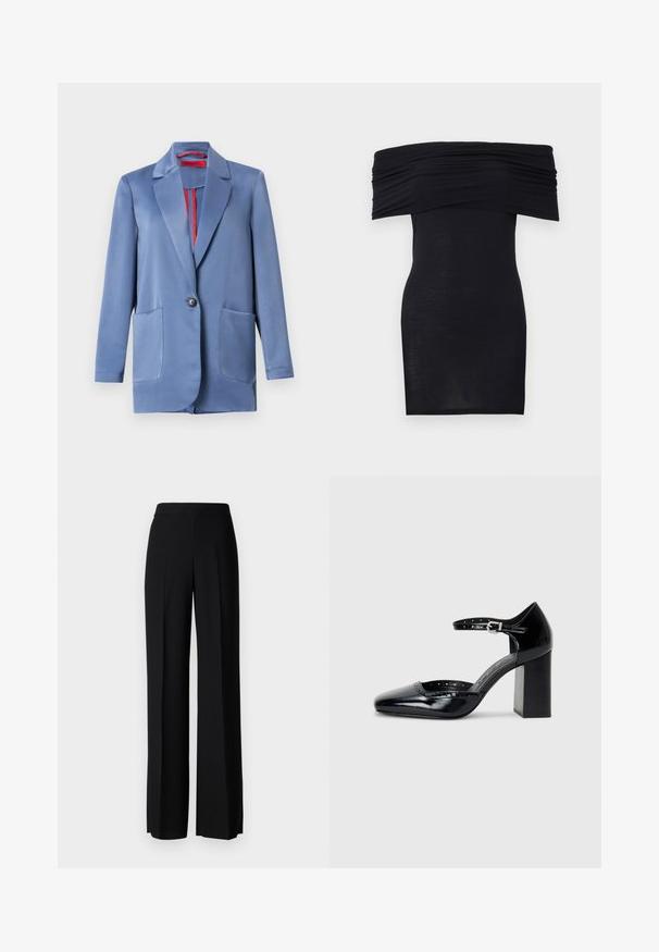Kék selyem blézer, amely két gombbal záródik, kerekített hajtókájú és két elülső zsebe van. A bélés kontrasztos vörös színű.; Fekete, vállnélküli ruha, fodros dekoltázzsal, karcsú fazonnal és sima textúrával. Minimalista dizájn, térd hosszúságú, díszítések nélkül.; Fekete, széles szárú nadrág sima tapintással, magas derékkal és középen pliszével. Nincsenek látható minták vagy fém részletek.; Fekete patent bőr, magas sarkú cipők négyzetes orral, bokapánttal és vastag sarkal. A szélén lyukacsos díszítéssel.