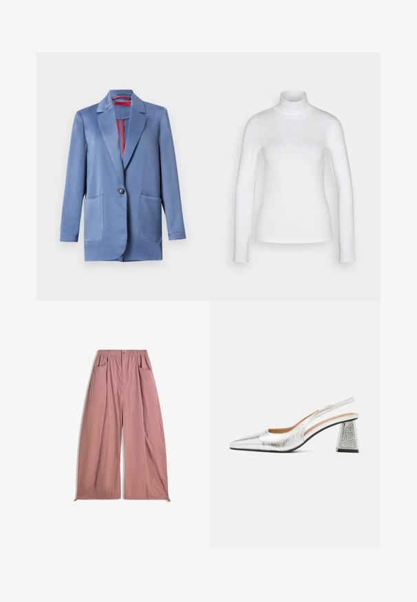 Blå satin blazer med to-knaps lukning, klapper og to forlommer. Indersiden har en kontrastfarvet rød foer.; Hvid langærmet mærket skjorte lavet af et glat, strækbart stof. Har en tætsiddende pasform og en høj krave. Ingen synlige mønstre eller detaljer.; Løs pasform, højtsiddende bukser i blød rosa stof. Har elastisk talje, to sidelommer og en glat, struktureret overflade.; Sølv slingback stiletto med spids tå, teksturelt metallic finish og en triangulær blokhæle. Indersiden har brune læderdetaljer.