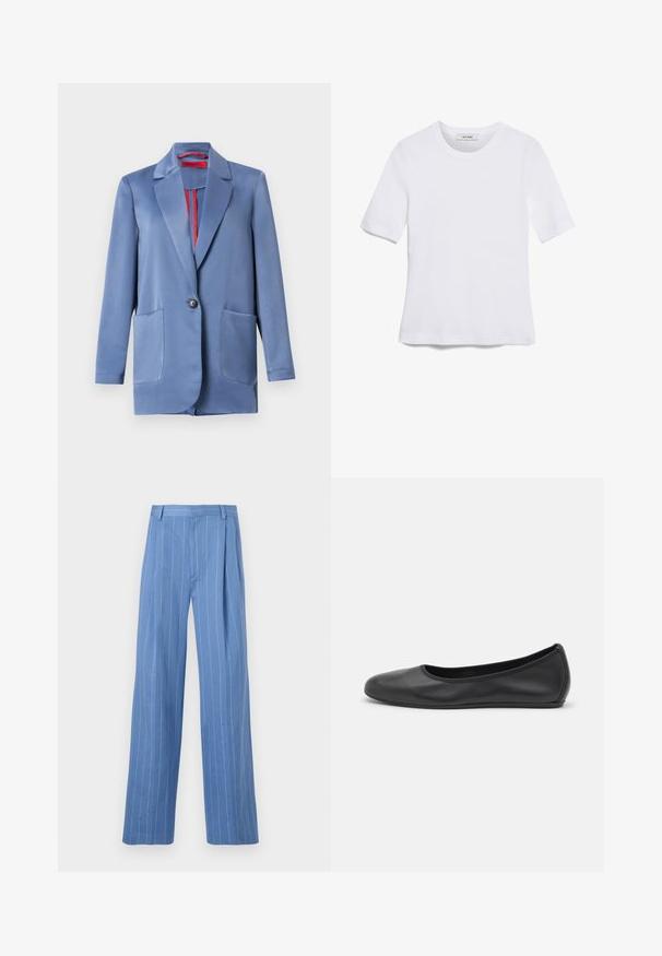 Mėlynas satino bleizeris su dviem mygtukais, iškirptėmis atvartais ir dviem priekinėmis kišenėmis. Viduje yra kontrastuojanti raudona pamušalo medžiaga.; Balta trumpa rankovėmis marškinėliai, pagaminti iš pasiruošusio audinio. Apvali iškirptė, reguliari tinkamumas ir subtilūs siuvimo detalės. Be raštų ar grafikos.; Šviesiai mėlynos plačios kojų kelnės su vertikaliomis baltomis juostelėmis. Pagamintos iš lygaus audinio, turi priekinę raukšlę ir švarų juosmens dizainą.; Juodai odiniai baletai su apvaliu pirštu, lygi texture, minimalus siuvimo detales ir lanksčiu padų dizainu.