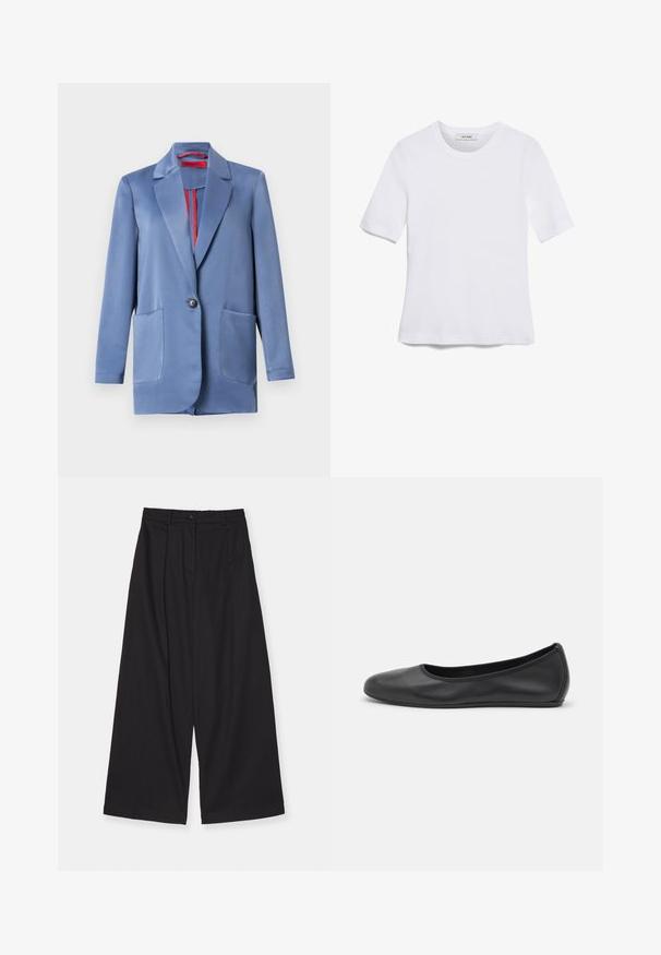 Blauwe satijnen blazer met een twee-knops sluiting, geknipt revers en twee voorzakken. De binnenzijde heeft een contrasterende rode voering.; Witte korte mouwen t-shirt van ribstof. Ronde halslijn, normale pasvorm en subtiele stiksels. Geen patronen of grafische elementen.; Zwarte wijde broekspijp gemaakt van een gladde stof, met een hoge taille, voorplooien, een knoopsluiting en een rechte silhouet.; Zwarte leren ballerina met een ronde neus, gladde textuur, minimale stikdetails en een flexibele zoolontwerp.