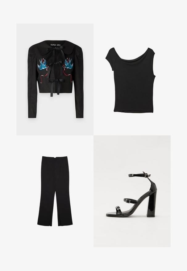 Črna kratka jakna z dolgimi rokavi, ki ima velik ovratnik, dve sprednji mašni in izšite ptice v modrih in roza odtenkih na prsih.; Črna kratka majica s kratkimi rokavi iz gladkega blaga; ima drapiran izrez in asimetrično spodnjo rob, s prilegnjenim telesom.; Črne hlače ravnega kroja z naglavnimi žepi in stranskimi razporki na robu. Narejene iz mehke, gladke tkanine. Primerne za različne priložnosti.; Črne lakirane sandale s peto, kvadratnim prstom, trakovi okrog gležnja in srebrnimi zaponkami. Opremljene so s stabilno Debelo peto.
