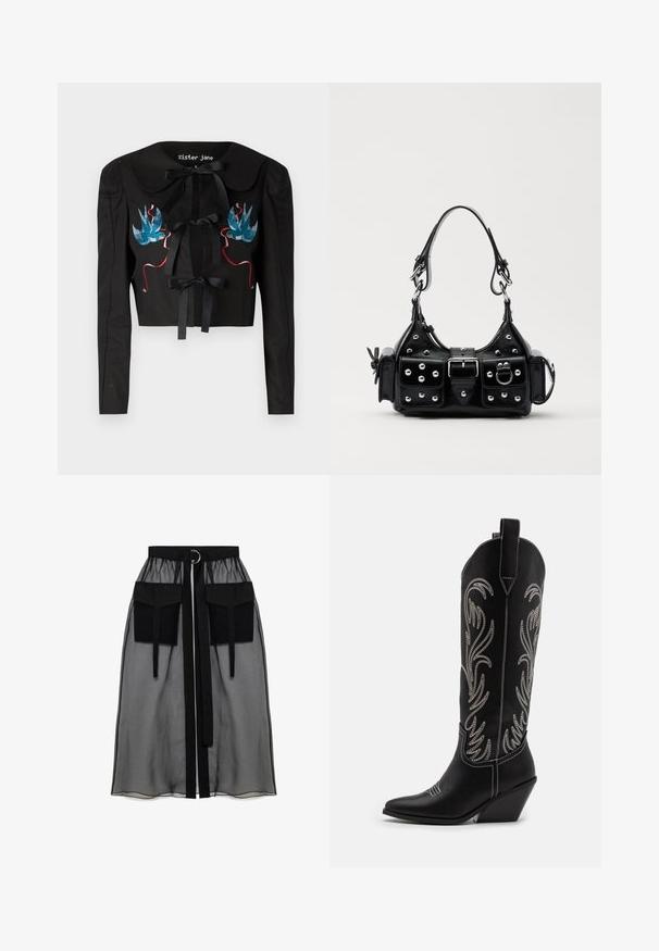 Melnā īsā jaka ar garām piedurknēm, lielu apkakli, divām priekšējām loku detaļām un zilām un rozā izšūtām putniem uz krūšu daļas.; Melnā garām piedurknēm kroplika blūze ar augstu kakla izgriezumu, caurspīdīgu sieta paneli jostasvietā un strukturētām šuvēm pieguļošam dizainam.; Melnā caurspīdīgā svārka ar salikto jostasvietu, kas ietver divas lielas priekšējās kabatas, jostas saitīti un apaļu metāla akcentu.; Melnas ādas kovboju zābakus ar norādītām pirkstiem, sānām paceltu papēdi un sudraba izšūtām ziedu rakstiem gar zābaka kāju. Kontrasta dūrieni visā zābakā.; Melnas ādas rokturmais ar izliekumu, ar sudraba iedurtiem, sprādzi un divām sānu kabatām. Regulējams siksniņas garums dažādām nēsāšanas iespējām.