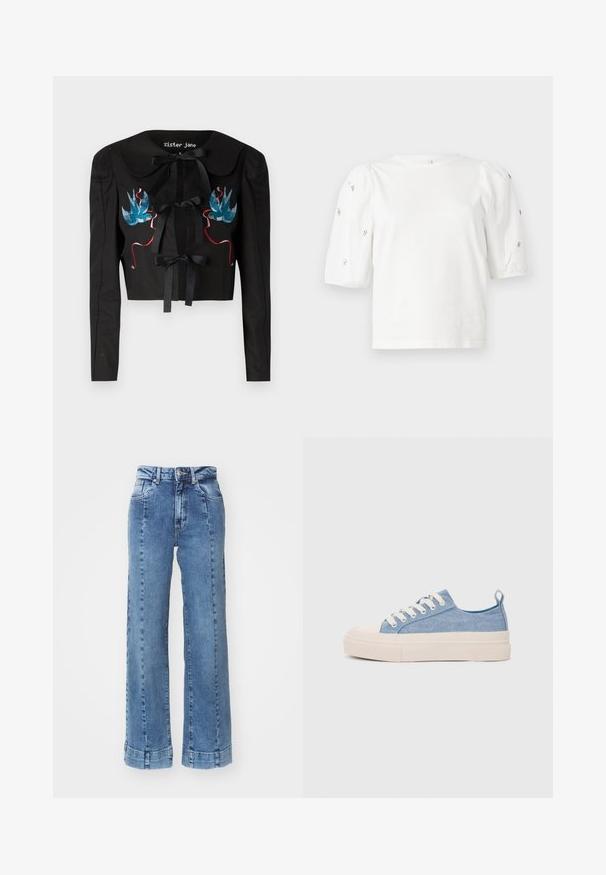 Casaco cropped preto com mangas longas, apresentando um grande colarinho, dois laços frontais e pássaros bordados em azul e rosa no peito.; T-shirt branca de algodão com mangas puff curtas, apresentando pequenos embellissements prateados ao longo das mangas. Decote redondo clássico, corte descontraído.; Jeans de ganga azul claro, de perna larga e cintura alta, com bolsos frontais e detalhes cosidos. A bainha está enrolada e cosida.; Ténis de lona azul claro com uma biqueira e sola de borracha creme, apresentando atacadores brancos e uma alça na parte de trás.