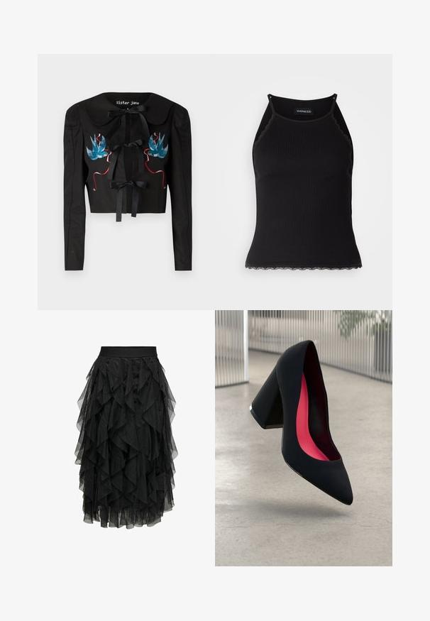 Fekete, rövid fazonú dzseki hosszú ujjal, melynek nagy gallérja van, két elülső masnival és kék valamint rózsaszín hímzett madarakkal a mellrészen.; Fekete bordázott ujjatlan felső, csipkés, fodros szegéllyel az alján. Vékony pántokkal és testhez simuló kialakítással rendelkezik. Stretch anyagból készült.; Fekete midi szoknya réteges tüllből, fodros designnal. Rugalmas derekú. Átlátszó anyaga textúrát és mozgást kölcsönöz.; Fekete magassarkú cipő hegyes orral, textúrált felülettel és élénk rózsaszín béléssel. Vastag sarokkal rendelkezik, ezüst kiegészítővel.