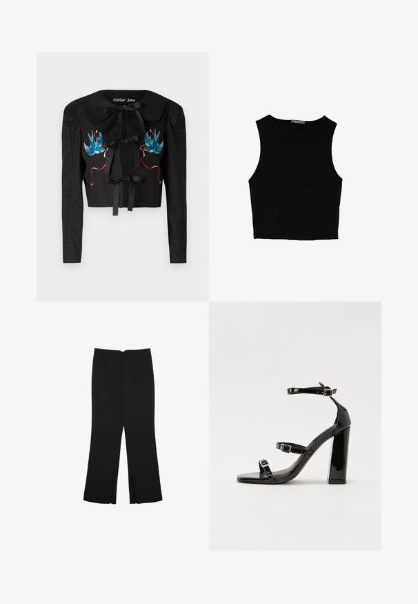 Čierne skrátené sako s dlhými rukávmi, ktoré má veľký golier, dve predné mašle a vyšívané modré a ružové vtáky na hrudi.; Čierny bezrukávový crop top vyrobený z hladkej tkaniny, so zaobleným výstrihom a čistým, jednoduchým dizajnom bez vzorov alebo kovania.; Čierne nohavice so strihom rovného strihu, s prednými vreckami a bočnými rozparkami na leme. Vyrobené z mäkkej, hladkej tkaniny. Vhodné na rôzne príležitosti.; Čierne lakované sandále na podpätku so štvorcovou špičkou, navlečenými remienkami okolo členku a striebornými prackami. Disponujú masívnym blokovým podpätkom pre stabilitu.
