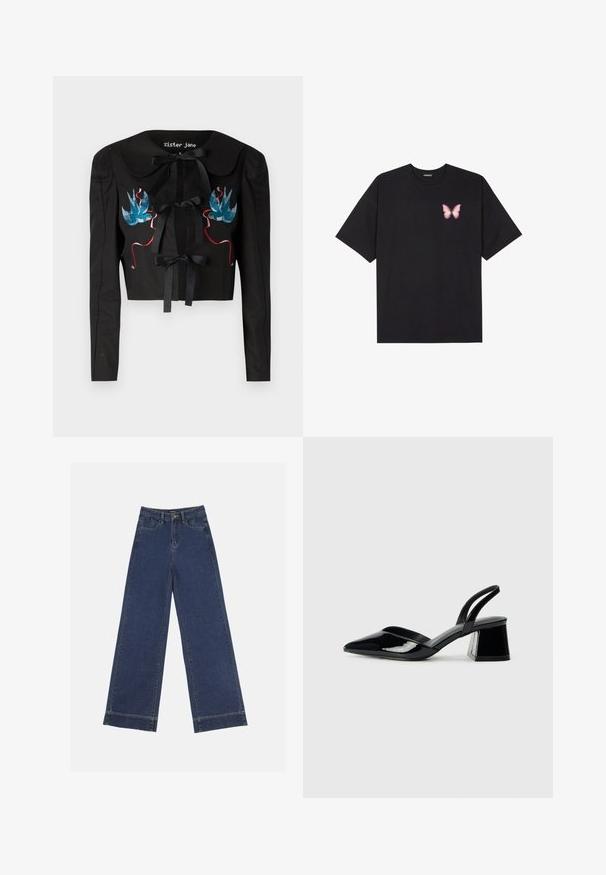 Juodas trumpas švarkas su ilgomis rankovėmis, turintis didelę apykaklę, du priekinius kaspinus ir mėlynus bei rožinius siuvinėtus paukščius ant krūtinės.; Juodas medvilnės marškinėliai trumpomis rankovėmis, su maža rožine drugelio grafika kairėje krūtinės pusėje. Apvalus kaklo iškirpimas, laisvas kirpimas.; Plati džinsai tamsiai mėlynos denimo. Yra penki kišenės, diržo kilpos ir apatinė briauna su matomais siuvimo detalėmis.; Juodos lakuotos odinės šlepetės su smailiu pirštu ir geometriniu bloko kulnu. Turi elegantišką, minimalistinį dizainą ir lygų paviršių.