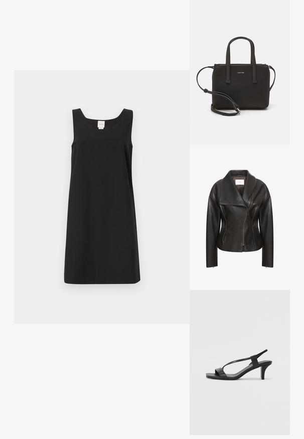 Ruda odinė striukė su plačia apykakle, įstrižo priekinio užtrauktuko ir pritaikytu siluetu. Pasižymi lygiu paviršiumi ir minimaliu siūlių dizainu.; Juodas be rankovių suknelė su keturkampiu iškirpimu ir tiesiu kirpimu, pagaminta iš minkštos medžiagos. Pasirinkta minimalistinė dizaino stilistika ir nerodyti metaliniai elementai.; Juodos aukštakulnės basutės su plona dirželių konstrukcija, kvadratiniu pirštu ir vidutinio aukščio blokuotu kulnu. Pagamintos iš lygios odos su matiniais paviršiais.; Juoda rankinė su dviem trumpais rankenėlėmis ir nuimamu petį. Lygaus odos tipo medžiaga su užtrauktuku ir logotipo detale.