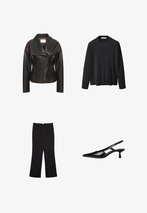 Brun læderjakke med bred krave, diagonal frontlynlås og skræddersyet silhuet. Har en glat tekstur og minimale syninger.; Sort strikket sweater med en ribbet rund halsudskæring, lange ærmer og en lige kant. Blød tekstur, minimalistisk design og alsidig stil.; Sorte bukser med lige pasform, der har frontlommer og slidser i kanten. Lavet af blødt, glat stof. Velegnet til forskellige anledninger.; Sorte patentlæder slingback hæle med spids tå, udskåret sideskærm og en lille firkantet hæl. Glat tekstur med minimale detaljer.