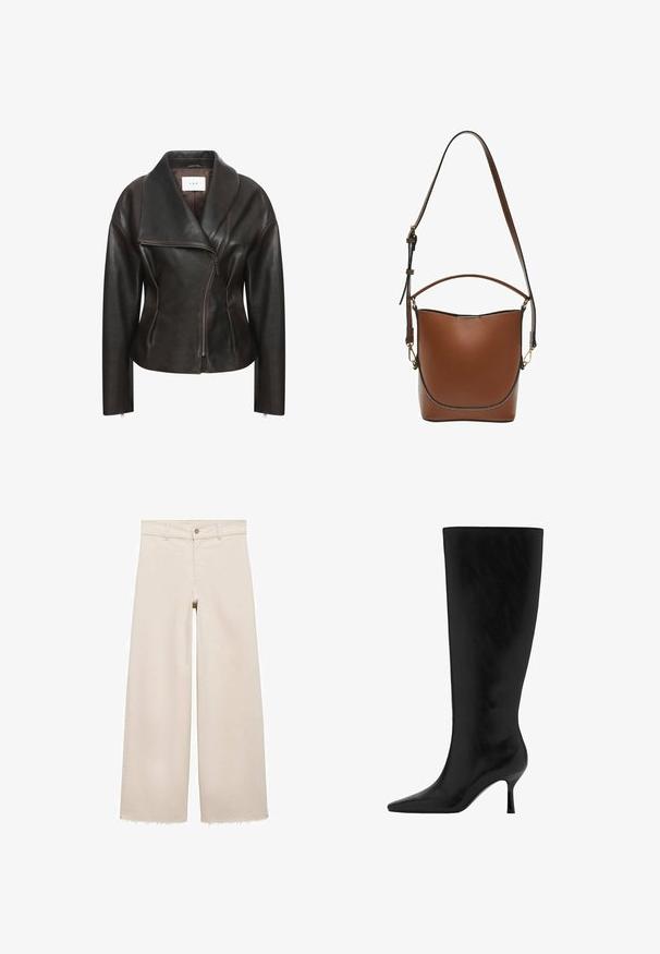 Ruskea nahkatakki, jossa on leveä kaulus, vinon etuvetoketjun ja muotoiltu siluetti. Takki on sileä ja siinä on minimaalinen ompeluyksityiskohtia.; Valkoinen hihaton paita, jossa on pyöreä pääntie, hienovarainen tekstuuri, avaustakki ja suora helma.; Beige leveleet jeansit, joissa on korkea vyötärö, napitus, etutaskut ja risat helmat. Valmistettu denim-kankaasta.; Mustat nahkaisen polvimittaiset saappaat, joissa on terävä kärki ja stiletto-korko. Sujuva rakenne, jossa on tyylikäs muotoilu, ei näkyviä metalliosia tai koristeluja.; Ruskea nahkainen ämpärilaukku, jossa on kaareva muotoilu, pääkahva ja säädettävä olkahihna, kullatut yksityiskohdat ja kontrastivärinen ompelu.