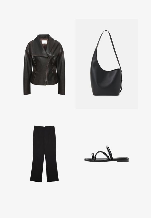 Giacca in pelle marrone con ampia collare, cerniera frontale diagonale e silhouette sagomata. Presenta una texture liscia e dettagli di cucitura minimi.; Top nero a maniche corte realizzato in tessuto liscio; presenta un colletto drappeggiato e un orlo asimmetrico, con una vestibilità aderente.; Pantaloni neri a gamba dritta, con tasche frontali e spacchi laterali all'orlo. Realizzati in tessuto morbido e liscio. Adatti a diverse occasioni.; Infradito neri con una finitura lucida, tre sottili cinturini e un dettaglio hardware circolare sulla punta. Design elegante con un tacco minimale.; Borsa hobo nera in pelle con una superficie liscia, forma curvata e una singola tracolla regolabile; presenta un'ampia apertura nella parte superiore.