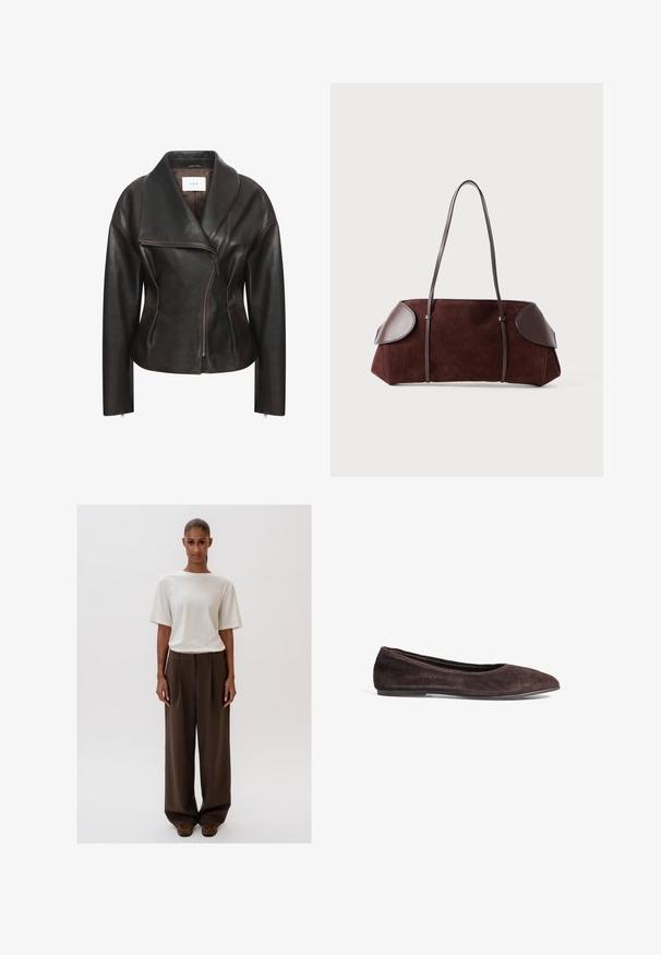 Brun læderjakke med bred krave, diagonal frontlynlås og skræddersyet silhuet. Har en glat tekstur og minimale syninger.; Hvid, kortærmet top med et struktureret, ribbet mønster og en rund halsudskæring. Lavet af et blødt materiale. Kort længde.; Cremehvid afslappet t-shirt med korte ærmer, kombineret med højtaljede, brede brune bukser. Simpelt design, glatte teksturer.; Brune ruskinds ballerina med spids tå og lav profil. Har en glat tekstur og minimalistisk design. Ingen synlig hardware eller accenter.; Brun ruskinds taske med læderdetaljer, struktureret form, dobbelte skulderstropper og afrundede kanter, som har en glat tekstur og minimal hardware.