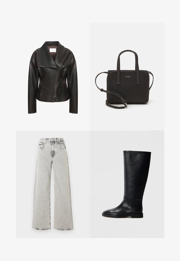 Hnedá kožená bunda so širokým golierom, diagonálnym predným zipsom a prispôsobeným strihom. Vyznačuje sa hladkou textúrou a minimálnymi švovými detailmi.; Čierne bavlnené tričko s výstrihom do V a krátkymi rukávmi. Jednoduchý dizajn s bežným strihom a bez vzorov alebo akcentov.; Rifle s širokými nohavicami v svetlosivej denimovej látke, s vyblednutým efektom, prednými vreckami a zapínaním na gombík. Dizajn je voľný a priestranný.; Čierna kožená čižma po kolená s okrúhlym prstom, hladkou textúrou, minimalistickým dizajnom a plochou podrážkou. Jednoduché švy na nohavici.; Čierna kabelka s dvojitými krátkymi rúčkami a odnímateľným ramenným popruhom. Hladký materiál podobný koži s uzatváraním na zips a detailom loga.