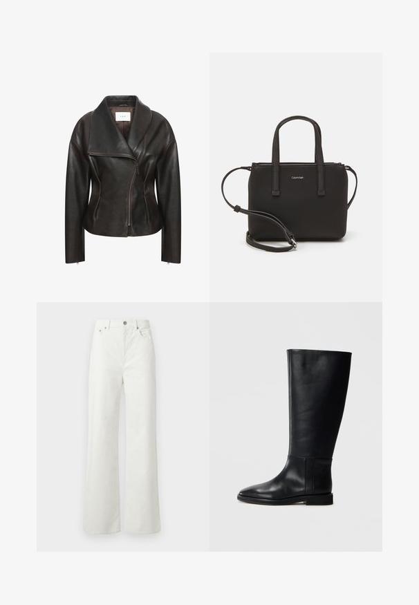 Brun læderjakke med bred krave, diagonal frontlynlås og skræddersyet silhuet. Har en glat tekstur og minimale syninger.; Sort bomulds T-shirt med V-hals og korte ærmer. Enkel design med regular fit og ingen mønstre eller accenter.; Samsøe Samsøe SHELLY - Jeans Relaxed Fit - clear cream; Sorte læderknæhigh støvler med rund tå, glat tekstur, minimalistisk design og flad sål. Enkle sømdetaljer på skaftet.; Sort håndtaske med to korte håndtag og en aftagelig skulderrem. Glat læderagtigt materiale med lynlåslukning og logo detaljer.