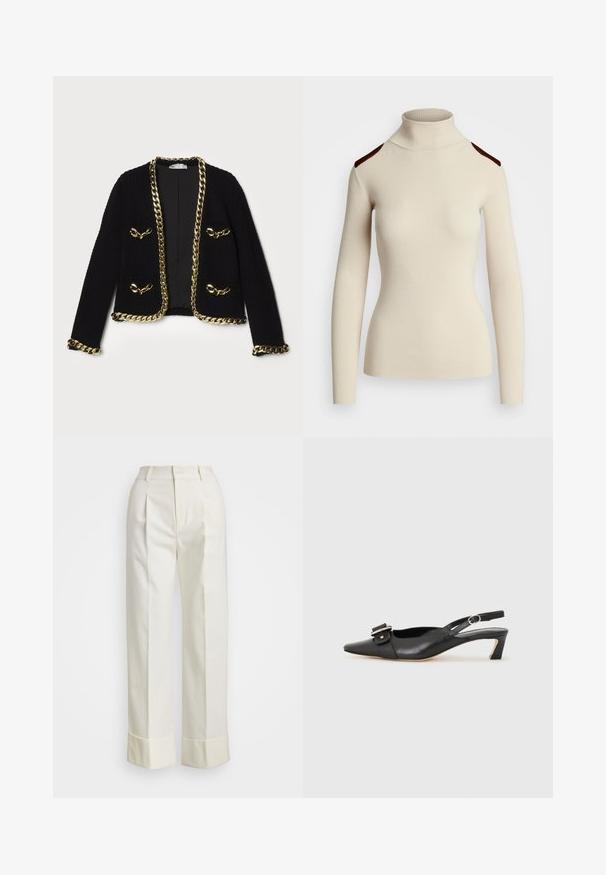 Melnas teksturētas jaka ar zelta ķēdes apdari gar malām un kabatām, ar dekoratīviem metāla aksesuāriem priekšpusē.; Ribota krēma krāsa augstā apkakle džemperis ar garām piedurknēm un tumši brūniem plecu akcentiem. Pieguļošs dizains izceļ ķermeņa formu un tekstūru.; Baltas, piegriezts bikses ar augstu jostu, dubultām priekšējām krokām un platajām kājām ar salocītām malām. Izgatavotas no gludas, strukturētas auduma.; Melnas ādas siksnu kurpes ar smailu pirkstu, nelielu papēdi un dekoratīvu sprādzi augšdaļā. Gluda tekstūra, minimālistisks dizains.