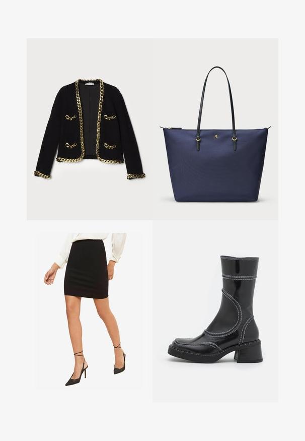 Must mustritud must jope, millel on kuldsed ketttrimmi lähedal ääred ja taskud, kaunistav sisustus esiküljel.; Must have pikkade varrukatega pluus, mis on valmistatud läbipaistvast, venivast kangast. Küljel on kokkurüüping ja ümmargune kaelus.; Mustmust täpset mini-seeliku, sileda kangaga, keskmise kõrgusega vöökoht, koos mustade terava nina ja pahkluu rihmadega kõrgete kontsadega.; Must must pikkade säärega, musta lakknahast jalats, valgete õmblustega, ümarate varvaste ja plokk-kandadega. Omab kõveraid disainijoontesid ja siledat pindmääret.; Tumed sinine kott, mis on valmistatud tekstureeritud kangast, mustade nahkade käepidemete ja kuldsete detailide aksessuaaridega. Ülemine lukuga sulgemine.