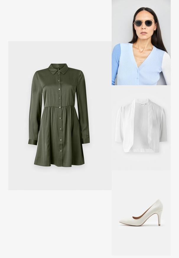 Fehér, rövidített blézer könnyű anyagból, rövid puffos ujjal, nyitott elülső rész kialakítással és sima textúrával.; Hosszú ujjú, olíva zöld gombos ruha, fitted derékkal és gallérral, enyhén bővülő szoknyával és felhajtott ujjakkal.; Fehér lakkbőr magassarkú cipő hegyes orral és sima felülettel, karcsú sarka van, és alacsony kivágás található a nyílás körül.; Kerek napszemüveg sötét lencsékkel és arany kerettel. A modellen világoskék, bordázott kardigán van gombokkal és kontrasztos fehér ujjaival.; Michael Kors bézs bevonatos vászon karkötő, amely ismétlődő MK logó mintával, aranyszínű fémrészletekkel és levehető lánchordóval rendelkezik.