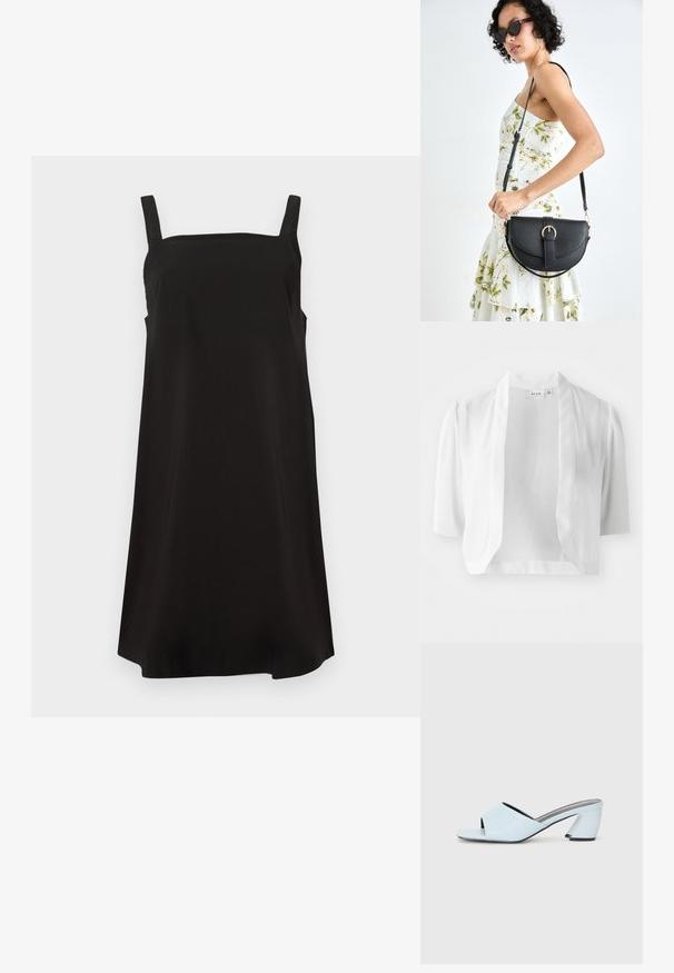 Balts pusē izgrieztā žakete, izgatavota no viegla auduma, ar īsām pūkainām piedurknēm, atvērtu priekšpusi un gludu tekstūru.; Melnā bezpiedurkņu kleita ar kvadrātu dekoltē, izgatavota no gludas auduma, ar brīvu un taisnu piegriezumu. Nav redzamu rakstu vai aksesuāru.; Gaiši zilas atvērtā purngala papēžu mūlas ar ģeometrisku dizainu, kas ietver platu siksnu pāri pēdai un masīvu, stūrainu papēdi.; Melnas ādas rokassoma ar izliekta formu, noņemamu siksnu un zelta aksesuāriem. Somai ir vāciņš ar sprādzes detaļu.