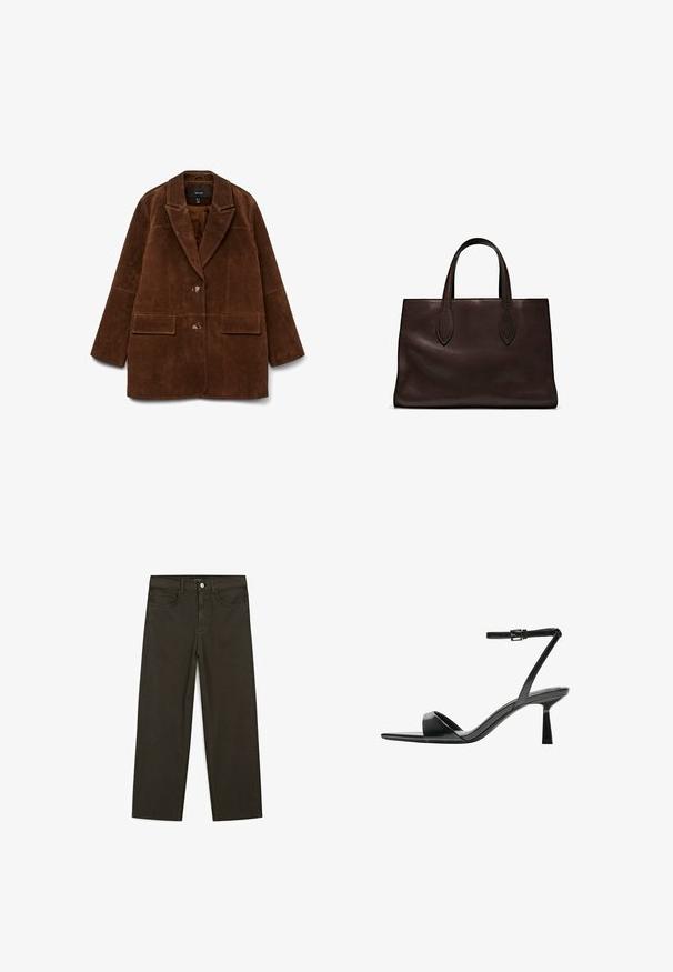 Brązowy zamszowy marynarka z klapami, dwoma przednimi kieszeniami i jednym zapięciem na guzik. Miękka faktura i dopasowany krój.; Ciemnobrązowy t-shirt z krótkim rękawem i okrągłym dekoltem, prosty wzór z prążkowanym wykończeniem dekoltu, z metką Massimo Dutti na kołnierzyku.; Ciemnozielone spodnie dżinsowe typu wide-leg wykonane z mieszanki bawełny, z zamkiem na guzik z przodu, pięcioma kieszeniami i klasycznym przeszyciem dżinsowym.; Bershka - Sandały na obcasie; Brązowa skórzana torba tote z dwoma wydłużonymi uchwytami, usztywnionym prostokątnym kształtem, gładką teksturą i subtelnymi detalami przeszycia.