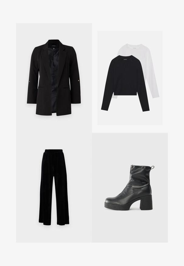 Juodas pritaikytas švarkas su ilgomis rankovėmis, įpjovomis apykaklėmis, priekinėmis kišenėmis ir satino pamušalu. Savybė - auksiniai akcentai ant rankovių mygtukų.; Du dušo ilgomis rankovėmis marškiniai: vieni juodi, kiti balti. Abu marškiniai turi apvalų iškirpimą, raglan tipo rankoves ir minkštą medvilnės mišinio audinį.; Juoda plataus kirpimo kelnių pora, pagaminta iš minkštos velveto medžiagos, su elastingu juosmeniu ir glotnia tekstūra, be matomų detalių ar raštų.; Juodos kulkšninių botai, pagaminti iš lygaus odos, su šoniniu užtrauktuku, masyviu tekstūruotu kulnu ir apvaliu pirštu.