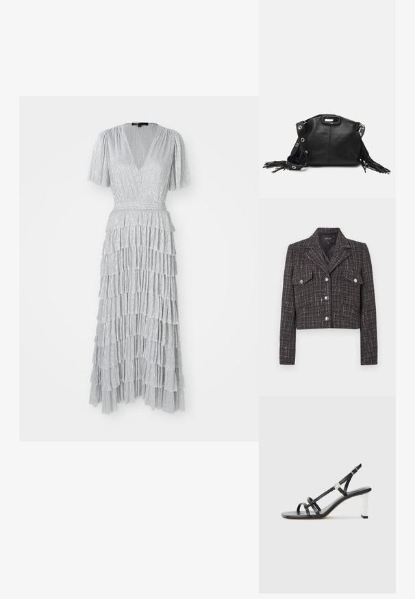 Gekürzte Jacke aus dunkel kariertem Tweed mit Karomuster, silbernen Knöpfen, zwei Vordertaschen und einem Reverskragen. Gefüttertes Innenfutter.; Silbernes, knielanges Kleid mit tiefem V-Ausschnitt, kurzen Puffärmeln und gestuften Rüschendesign. Hergestellt aus einem strukturierten, schimmernden Stoff.; Schwarze High-Heelsandalen mit mehreren schmalen Riemen, im Slingback-Design und einem silbernen Akzent an der Ferse. Glattes Obermaterial und blockförmige Ferse.; Maje MISS MINI - Umhängetasche - noir