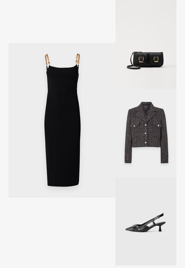 Chaqueta corta de tweed oscuro con patrón de cuadros, botones plateados, dos bolsillos frontales y solapa con muesca. Forro interior.; Vestido negro sin mangas con una silueta ajustada, que presenta detalles de cadenas doradas en los tirantes. Fabricado con una tela elástica para mayor comodidad.; Zapato de slingback negro de piel con punta afilada, correas decorativas con ojales de metal y un tacón bajo y ancho. Superficie texturizada.; Bolso cruzado de cuero negro con dos bolsillos frontales, hebillas doradas, cierre de cremallera y una correa delgada. Superficie texturizada y forma rectangular compacta.
