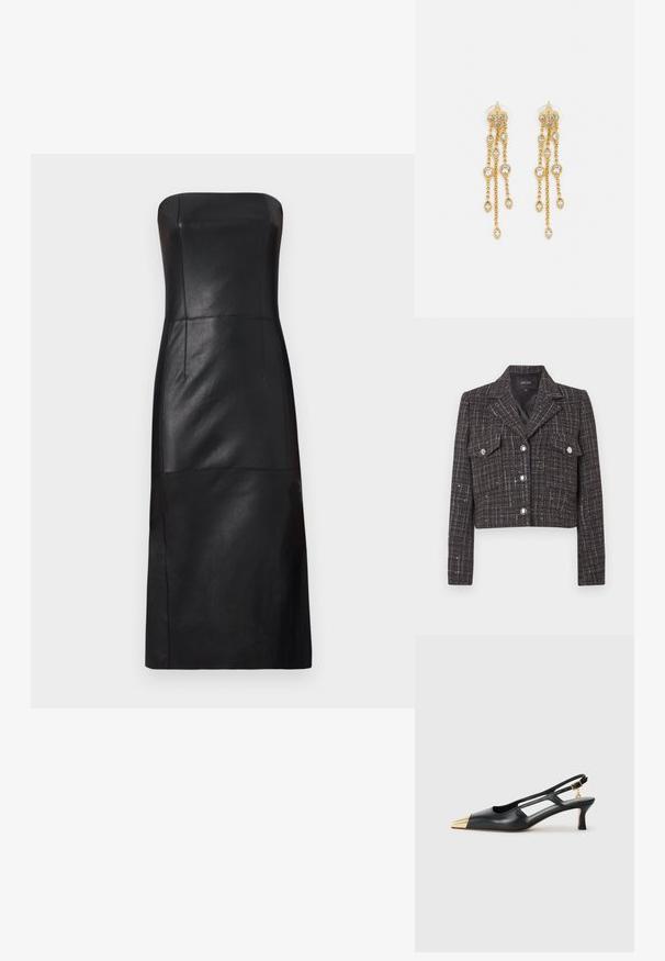 Krótka kurtka w ciemnym tweedzie z wzorem w kratę, srebrnymi guzikami, dwoma przednimi kieszeniami i rozciętym kołnierzem. Podszewka wewnętrzna.; Maje REATHER czarny; Czarne skórzane buty slingback z wysmuklonym noskiem i złotą metalową czubkiem. Posiadają wycięcia w designie oraz smukły obcas z regulowanym paskiem.; Złote kolczyki z wieloma kaskadowymi łańcuszkami, z przezroczystymi owalnymi akcentami z rhinestone'ów oraz ozdobnymi sztyftami.