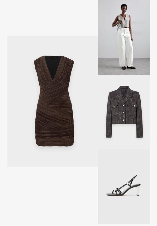 Giacca corta in tweed scuro con motivo a quadri, bottoni argento, due tasche frontali e colletto con rever. Interno foderato.; Abito marrone, in tessuto strutturato con scollatura a V profonda e maniche corte e strutturate. Presenta un design arricciato con pieghe diagonali su tutto l'abito.; Sandali neri con tacco alto caratterizzati da molteplici cinghie sottili, design slingback e un accento in argento sul tacco. Materiale superiore liscio e tacco quadrato.; Gilet grigio corto con bottoni, abbinato a jeans bianchi a gamba larga e scarpe basse nere. Accessoriato con una piccola borsa argento con frange.